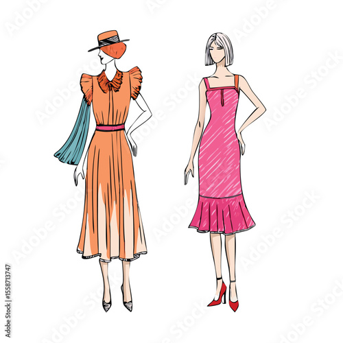 Curated collection of elegant retro fashion sketch doll with dresses vector art design 