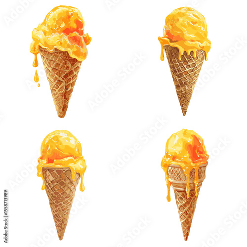 Delicious watercolor illustration of mango ice cream in waffle cones, dripping and melting, ideal for summer desserts, sweet menu designs, and frozen treat artwork.

