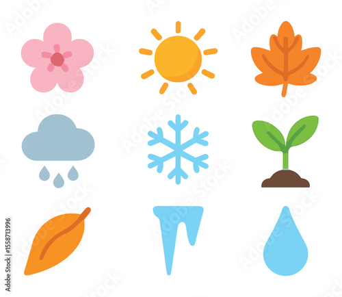 Seasonal Nature Icon Grid. Flat icon set of seasonal nature graphics: spring blossom, summer sun, autumn leaf,
