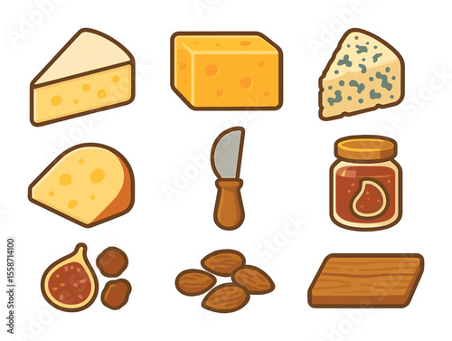 Cheese Platter Icons. Flat icon set of cheese platters: brie wedge, cheddar block, blue cheese crumble, gouda