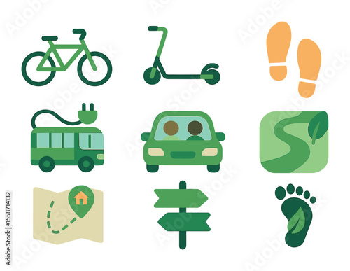 Sustainable Transport Icons. Flat icon set of sustainable transportation education: bicycle, scooter, walking