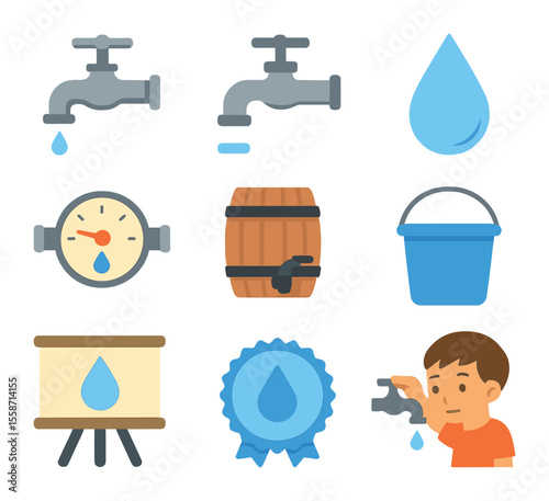 Water Conservation Icons. Flat icon set of water conservation lessons: dripping faucet, turned-off tap,