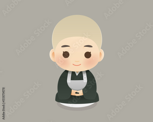 Charming cartoon monk in traditional Japanese attire, kneeling in peaceful meditation. A heartwarming concept for zen, spirituality, and mindfulness. Includes free facial expressions inside the file.