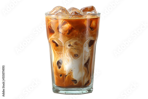 Iced coffee in a glass with ice cubes and milk on a transparent background