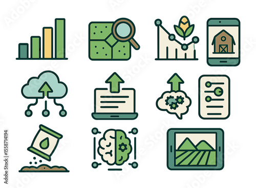 Data-Driven Farming Icons. Flat icon set of data-driven farming: bar graph, field analysis, crop chart,