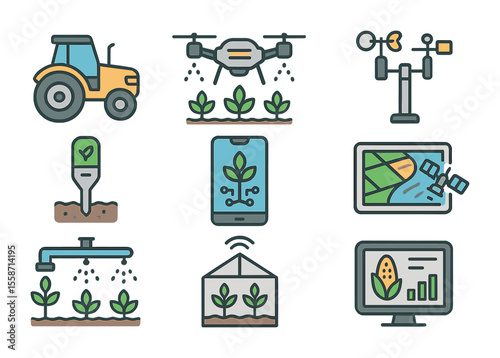 Smart Farming Icon Set. Flat icon set of smart farming technologies: autonomous tractor, drone spraying crops,