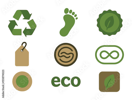 Zero-Waste Branding Icons. Flat icon set of branding for zero-waste products: recycled logo, green print label
