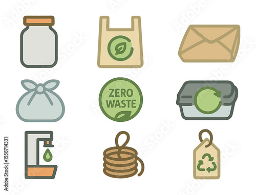 Eco Packaging Icons. Flat icon set of waste-free packaging solutions for local businesses: reusable jar,