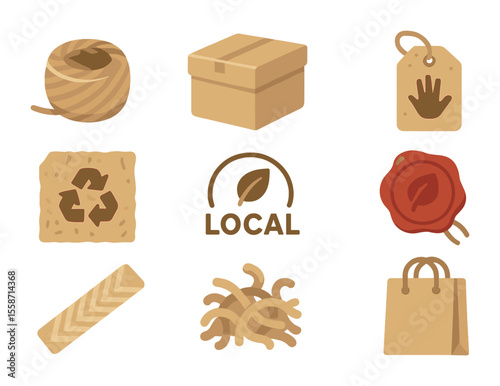 Handmade Packaging Icons. Flat icon set of local handmade packaging solutions: paper twine, kraft box,