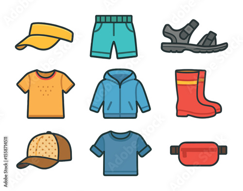 Childhood Fashion Icons. Flat icon set of childhood fashion for outdoor play: sun visor, play shorts, sport