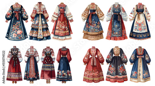 Elegant watercolor illustration of traditional Russian folk dresses with rich embroidery and patterns, ideal for cultural fashion, costume design, and heritage themes.

