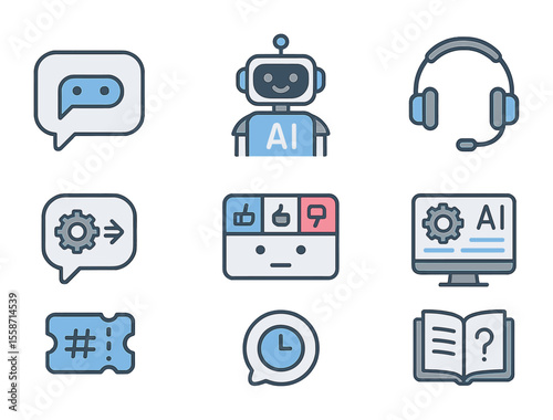 AI Customer Support Icons. Flat icon set of AI-powered customer service: chatbot bubble, support robot,