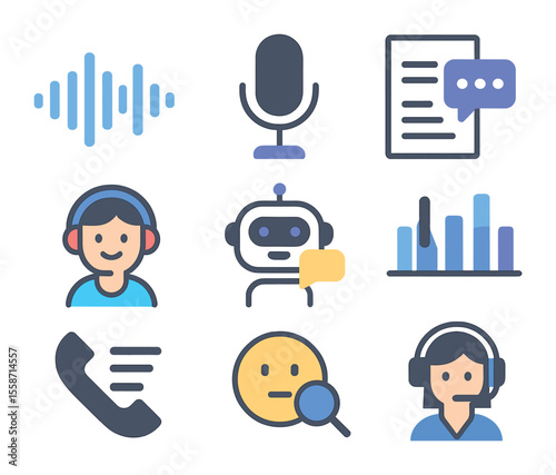 Voice AI Icon Set. Flat icon set of voice and speech AI for service: voice waveform, microphone input,