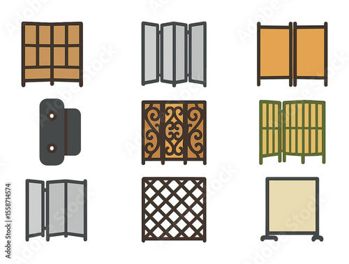 Folding Screen Icons. Flat icon set of folding screens and room dividers: wooden folding screen, three-panel