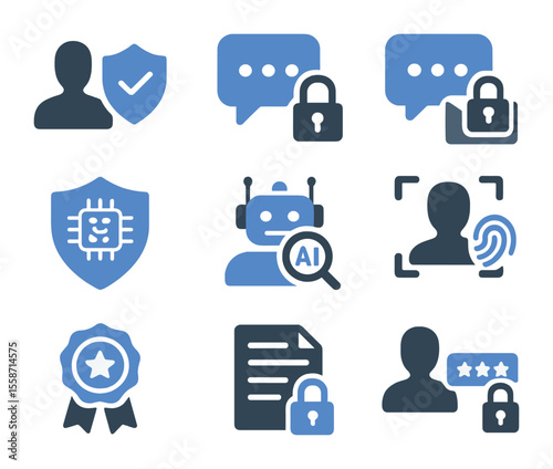 AI Security Icons. Flat icon set of AI security in customer service: user verification, secure chat, encrypted