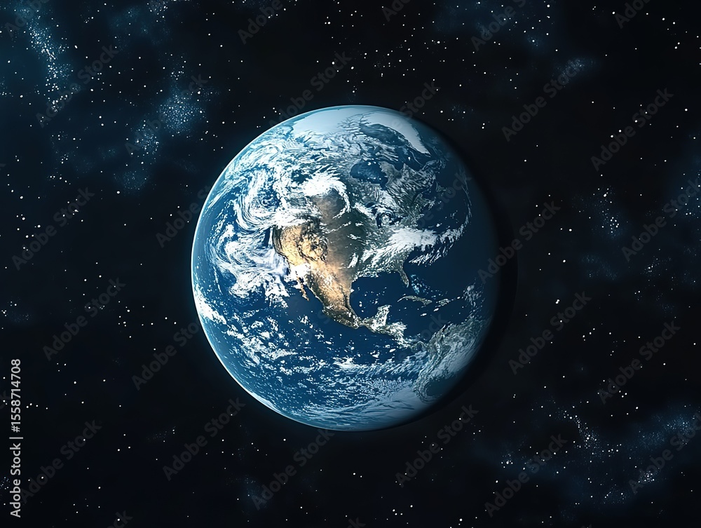 Fototapeta premium Hyper-Realistic High-Resolution Earth on Dark Background with Natural Lighting, Cinematic Planet Render for Sci-Fi, Posters, and Commercial Use
