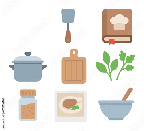 Cooking Icon Set. Flat icon set of exploring cooking and food creation: chef hat, spatula, recipe book,