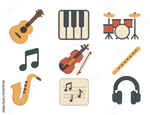 Musical Instruments Icons. Flat icon set of learning new musical instruments: guitar, piano keys, drum set,