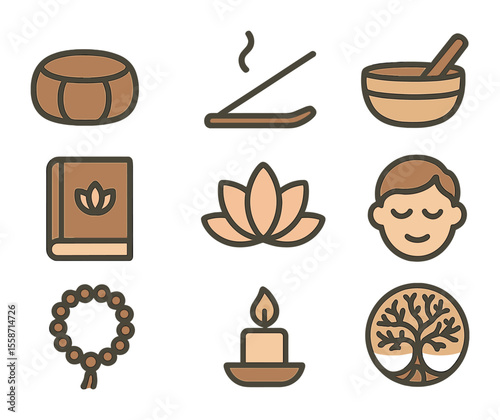 Mindfulness Icon Set. Flat icon set of mindfulness and spiritual discovery: meditation cushion, incense stick,