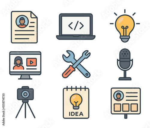 Career Discovery Icons. Flat icon set of people discovering new careers and talents: resume file, laptop with