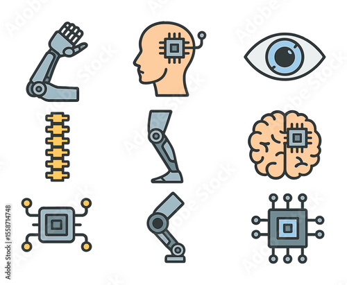 Cybernetic Enhancements Icons. Flat icon set of cybernetic enhancements: robotic arm, neural implant, ocular