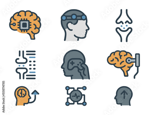 Neural Interface Icons. Flat icon set of neural interface systems: brain implant, EEG headset, synapse