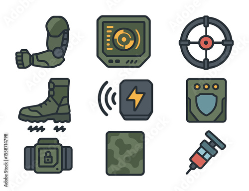 Cybernetic Gear Icons. Flat icon set of military-grade cybernetic gear: armored arm, tactical HUD, targeting