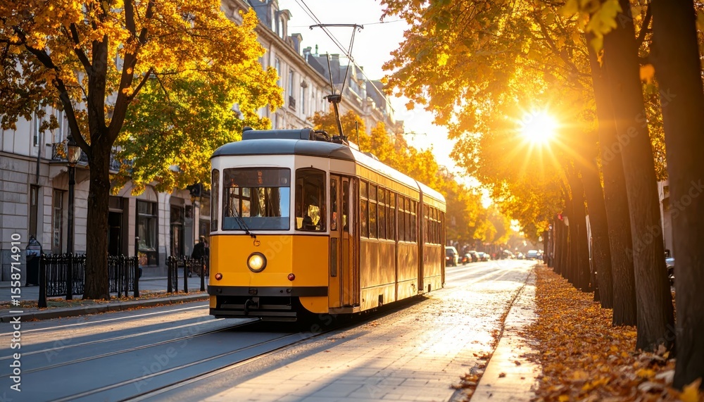 Obraz premium Vintage Tram in Autumn with Golden Sunlight in Urban Street Scene