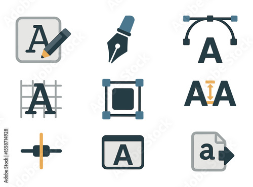 Font Design Icons. Flat icon set of font creation process: sketch letterform, digital tracing pen, Bezier
