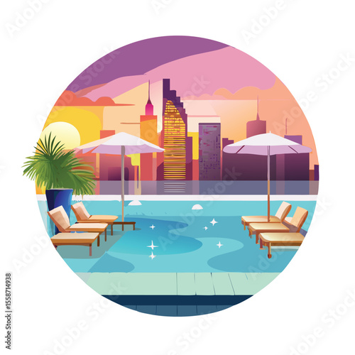 Luxurious rooftop pool scene with crystal clear water and side scene vector art design 