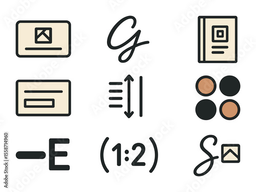 Typographic Icon Set. Flat icon set of typographic branding elements: logotype sample, signature font, brand