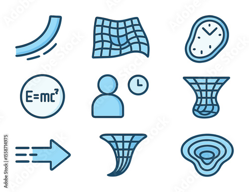 Space-Time Distortion Icons. Flat icon set of space-time distortion visuals: curved light beam, warped space