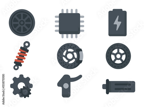 Scooter Parts Icons. Flat icon set of scooter performance parts: brushless motor, controller chip, lithium