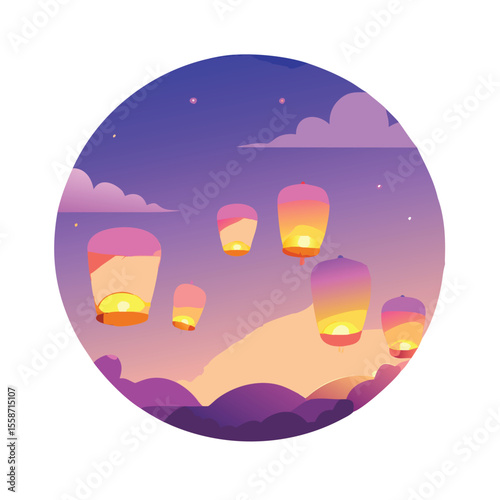 Magical scene of glowing paper lanterns gently floating on air vector art design 