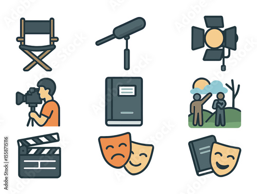 Film Crew Icons. Flat icon set of film crew capturing a dramatic scene: director's chair, boom microphone,