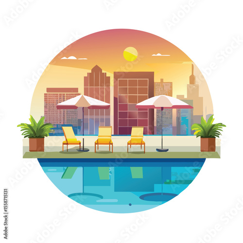 Luxurious rooftop pool scene with crystal clear water and side scene vector art design 