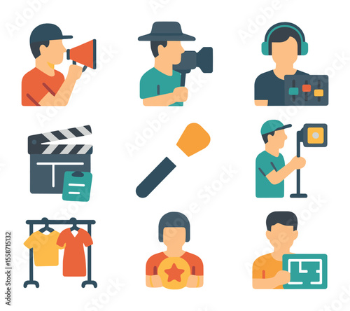 Filmmaking Crew Icon Set. Flat icon set of filmmaking crew roles: director with megaphone, cinematographer