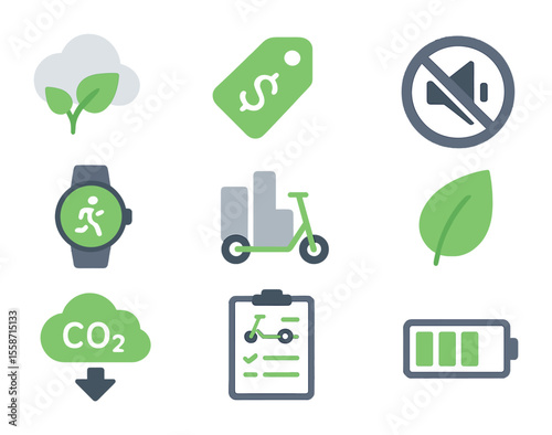 Eco-Mobility Icon Set. Flat icon set of eco-mobility and e-scooter benefits: low emissions icon, cost saving