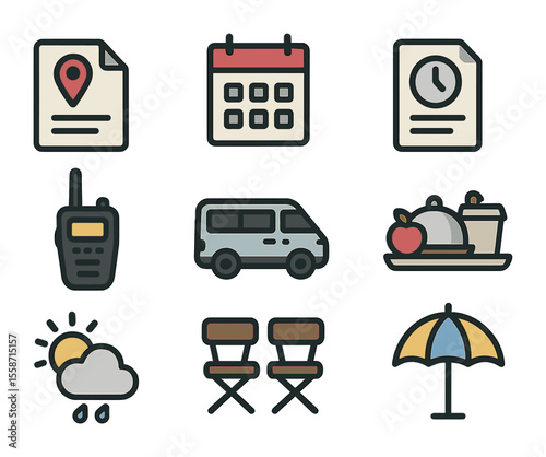 Outdoor Shoot Logistics Icons. Flat icon set of outdoor shoot logistics: location permit, set schedule, call