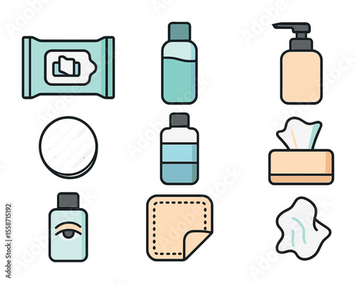 Makeup Removal Icons. Flat icon set of makeup remover and face wipes: cleansing wipe pack, micellar water