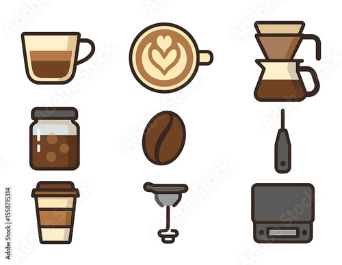 Modern Coffee Icon Set. Flat icon set of coffee innovations: espresso shot, latte art, pour-over setup, cold