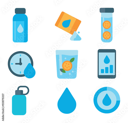 Hydration Icon Set. Flat icon set of hydration trends: smart water bottle, electrolyte powder, infused
