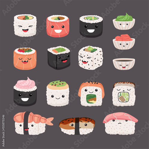 Big collection of asian food with cartoon sushi and rolls vector set