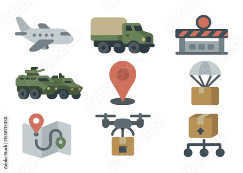 War Zone Logistics Icons. Flat icon set of logistics and transportation in war zones: cargo plane, off-road