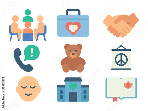 Mental Health Icons. Flat icon set of psychological and trauma support: group counseling icon, mental health