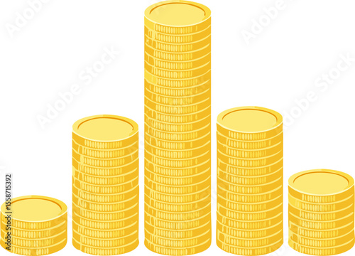 Stacks of shiny gold coins arranged like a bar chart rise and fall across the center while wide blank white space surrounds them, leaving room for headlines about profit growth and financial success
