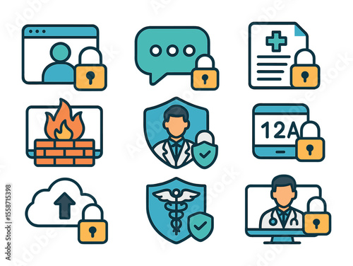 Secure Telehealth Icons. Flat icon set of secure telehealth platforms: video call lock, encrypted chat bubble,