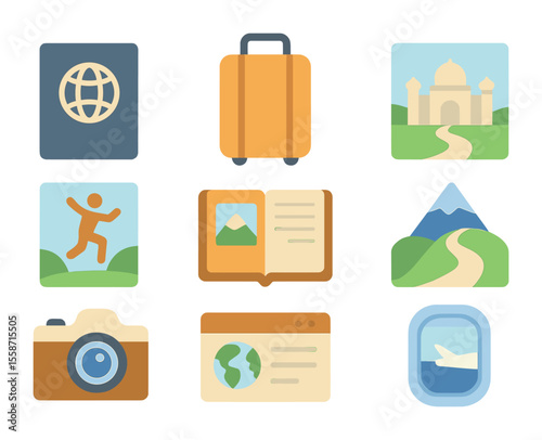 Travel Icon Set. Flat icon set of travel photography: passport, suitcase, scenic landmark, action shot, travel