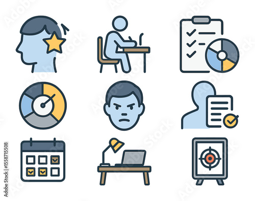 Self-Discipline Icons. Flat icon set of self-discipline: self-motivation icon, isolated figure on task,