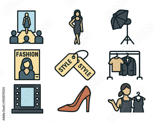 Fashion Photography Icons. Flat icon set of fashion photography: runway icon, model pose, flash umbrella,